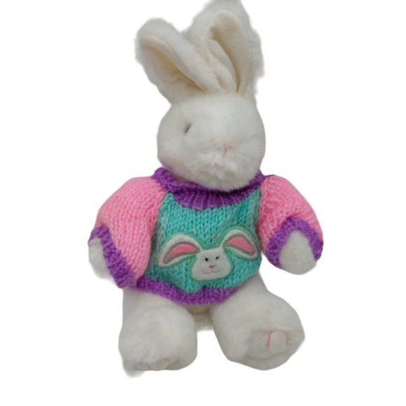 Main Joy White Bunny Rabbit Plush Stuffed Animal In Pastel Sweater 9” Easter - Picture 2 of 8
